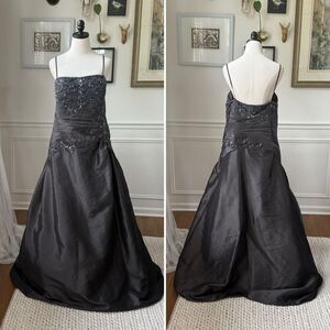 Taffeta Charcoal Grey Ball Formal Gown Beaded Sequins Rhinestone Dress 20